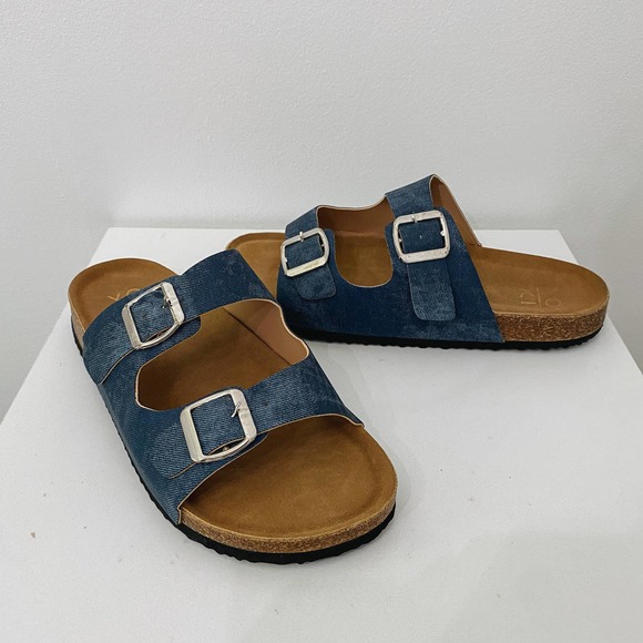 Shoes - Double Strap Faux Denim Slip On Sandals